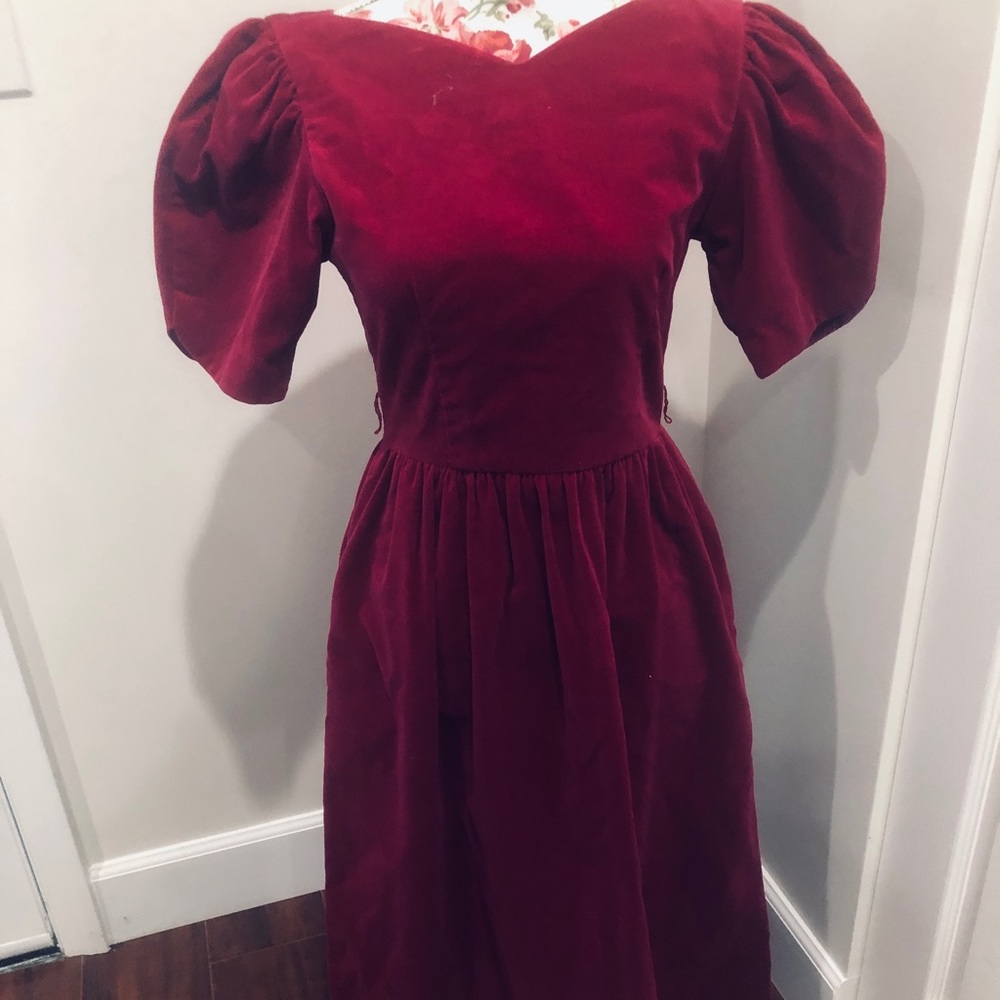 Lanz Of Europe Puff Sleeve Corduroy Petite Ball Gown Dress In Cranberry